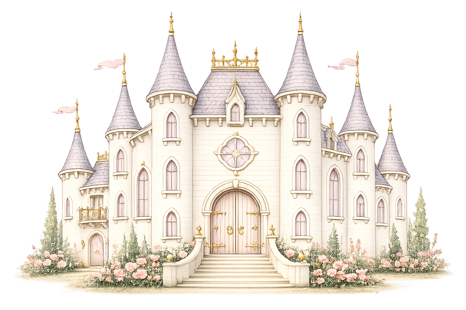 Illustrated pink and gold castle, matching the wedding invitation